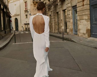 Vestido de novia sencillo con cuello halter, vestido largo, vestido para cena de ensayo, vestido de novia sin espalda, atuendo para recepción u ocasión especial