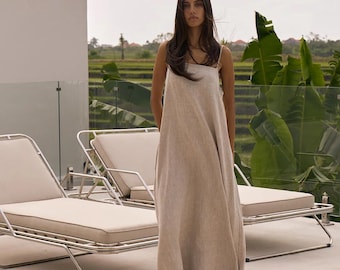 Natürliches Leinen Maxikleid, Boho dünne Träger Kleid, Ecru Leinenkleid, Sommer Leinenkleid, Ausgestelltes Leinenkleid