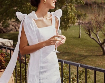 Vestido midi de linho branco, Vestido de linho branco, Vestido longo de linho branco, Mini vestido de noiva de linho, Vestido de noiva de verão