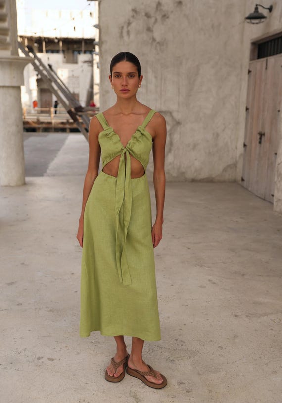 green linen cut out dress Green linen tie front sundress, Sleeveless cut out midi dress, Summer midi dress