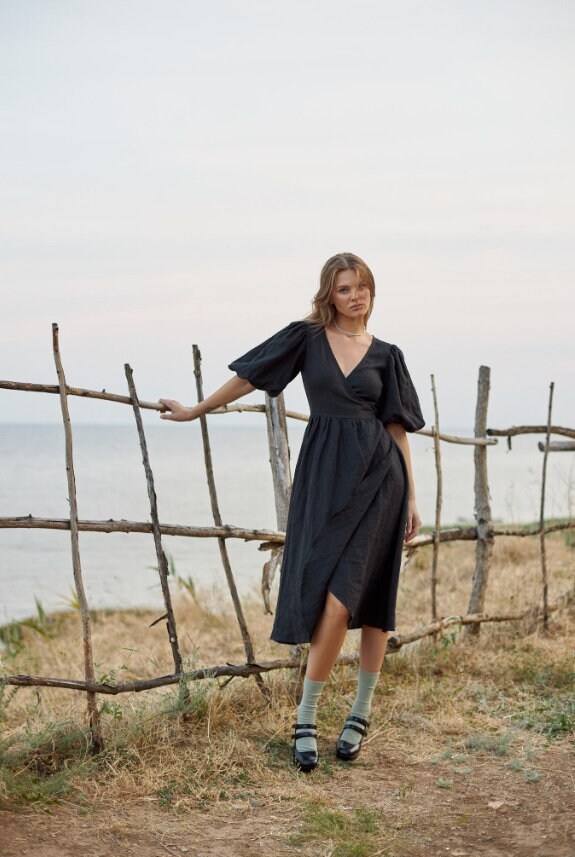 linen wrap dress etsy EMMA Linen Wrap Dress With Belt, Summer Sleeved Dress