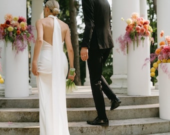 Vestido de novia de satén con espalda abierta, vestido de novia estilo halter, espalda baja abierta, sencillo, minimalista, con o sin cola