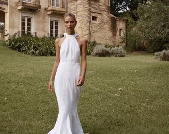 Vestido de novia sencillo con cuello halter, vestido largo, vestido para cena de ensayo, vestido de novia sin espalda, atuendo para recepción u ocasión especial