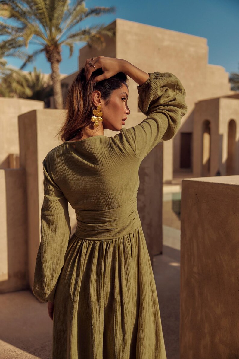 Sage Green dress, Maxi front button dress, Boho long dress, Long summer dress, Summer Dress, Cotton summer dress image 4