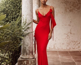 Vestido largo lencero con cuello vuelto y espalda baja, vestido largo de verano sin mangas, vestido elegante de noche de graduación en rojo, negro, blanco y azul marino.