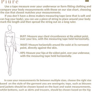Puede incluir: Un diagrama que muestra c&oacute;mo medir el busto, la cintura y las caderas para la ropa. El diagrama muestra el cuerpo de una mujer con l&iacute;neas que indican d&oacute;nde medir. El texto explica c&oacute;mo medir cada &aacute;rea usando una cinta m&eacute;trica.