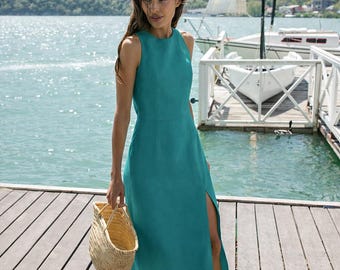 Vestido de lino de verano, vestido midi de lino sin mangas, vestido tubo de lino con abertura, vestido de verano minimalista con forro