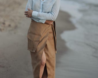 Linen wrap skirt with side tie, Skirt with Pocket,  Linen A-line skirt, Mid-calf skirt linen