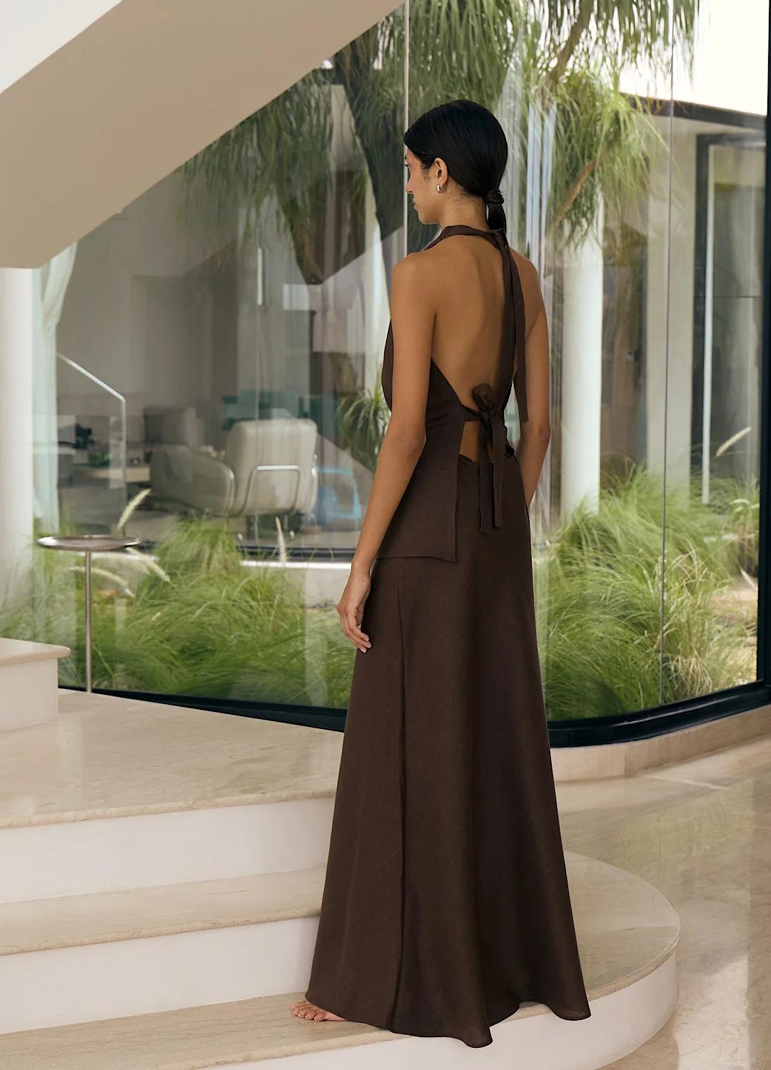 Two Piece Linen set, Linen Two Piece Set Women, Linen midi skirt, Linen backless top, A-line dress
