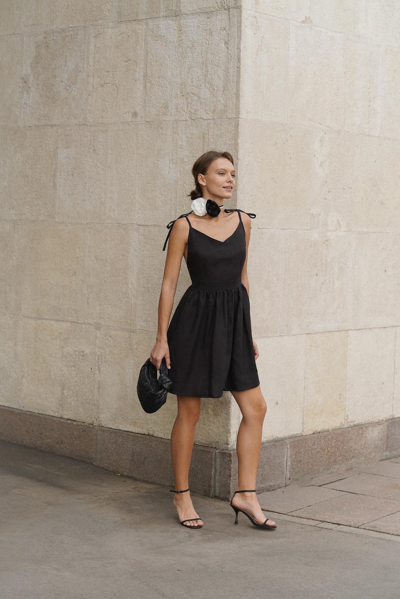 Black little dress linen Elegant mini dress image 8