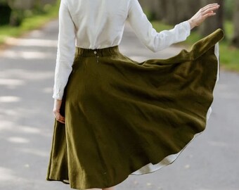 Linen green midi skirt, Long Summer Linen Skirt, Elegant pleated skirt