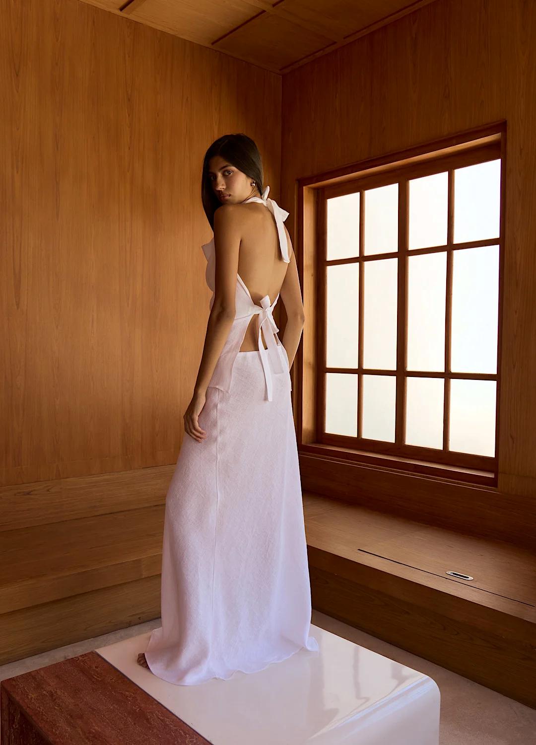 Two Piece Linen set, Linen Two Piece Set Women, Linen midi skirt, Linen backless top, A-line dress