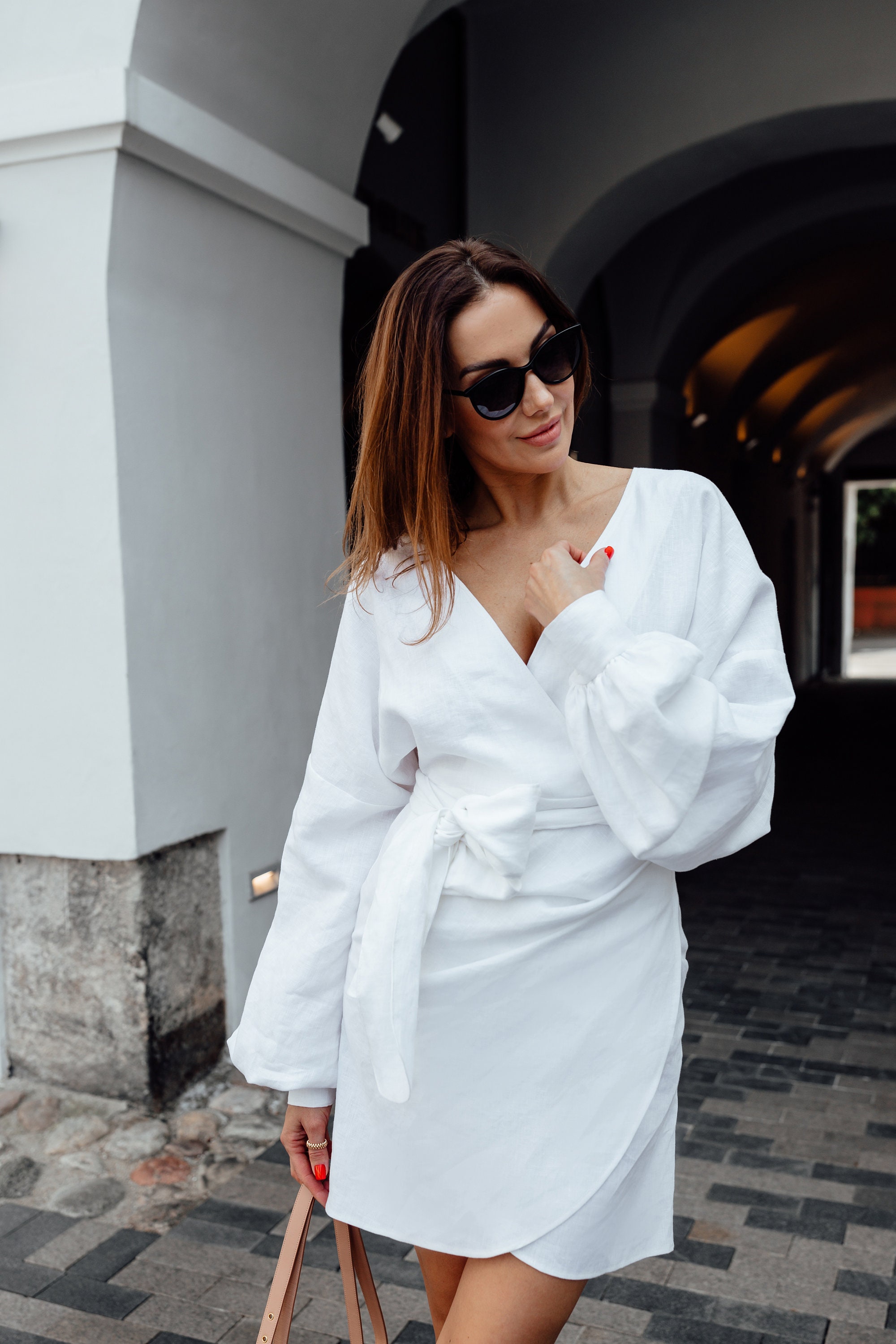White Mini Wrap Dress, Linen Kimono Sleeve Dress, Linen Wrap Dress, Linen  Mini Dress - Etsy