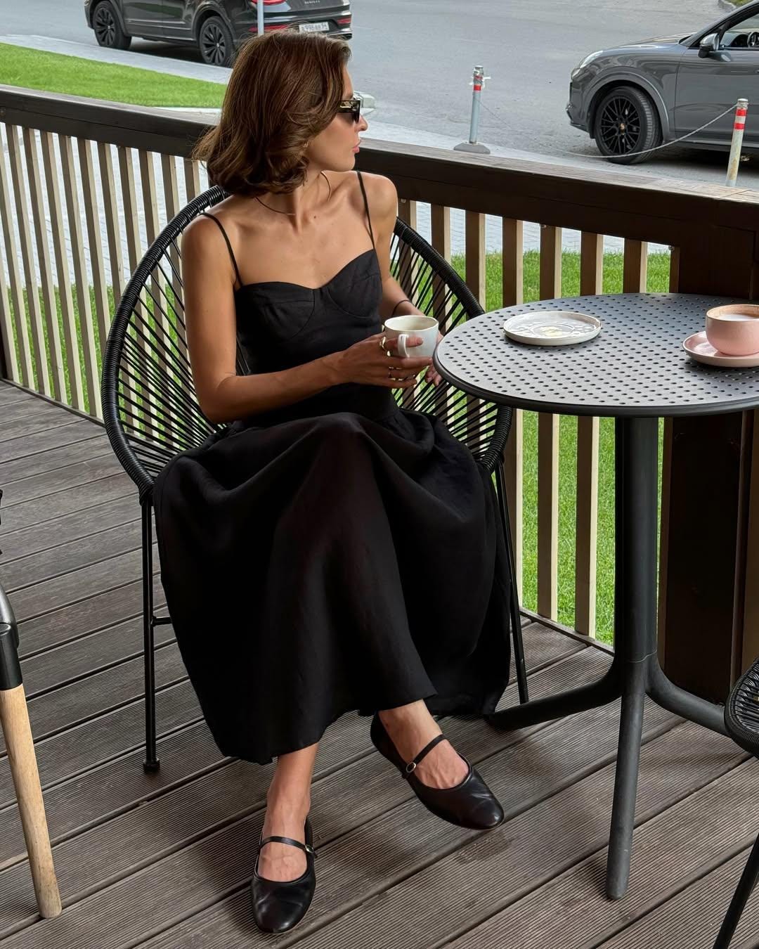 Elegant Black Linen Corset Midi Dress - Fit and Flare Sundress for Beach, Summer, Evening Events