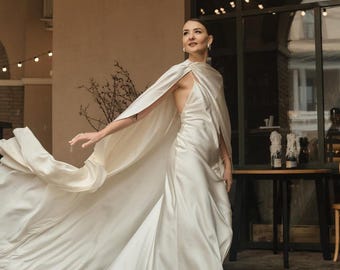 Satin Wedding Dress with Cape, Open Back Slip Wedding Dress with Train, Minimalist Bridal Gown