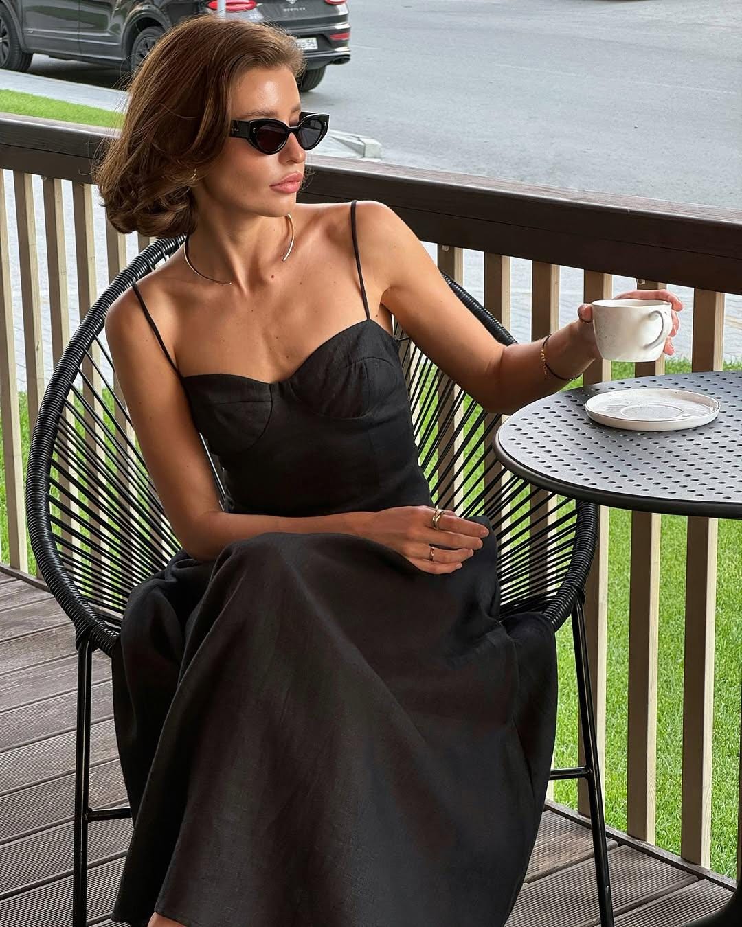 Elegant Black Linen Corset Midi Dress - Fit and Flare Sundress for Beach, Summer, Evening Events