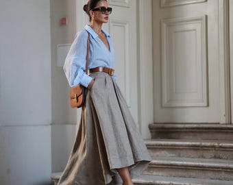 Falda de lino de círculo completo con bolsillos, falda de lino asimétrica de cintura alta, falda maxi midi de lino natural