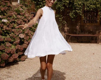 Vestido de novia mini, Vestido de novia de lino, Vestido para cena de ensayo, Vestido de lino blanco, Vestido corto de lino blanco, Vestido de novia de verano