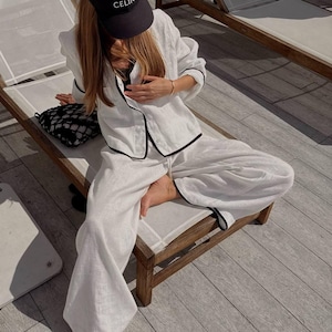 Linen Set womens clothing, wide pants, linen shirt with long sleeves, Linen shirt and pants set