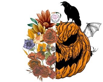 Calabaza gótica de Halloween PNG – Diseño floral de cuervo espeluznante (Descarga digital)