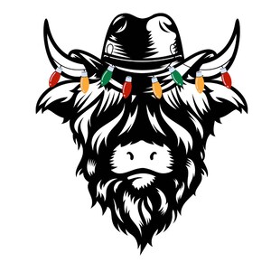 highland cow christmas png- christmas lights png- long haired cow png- western christmas png- boho christmas png- holiday png- western png