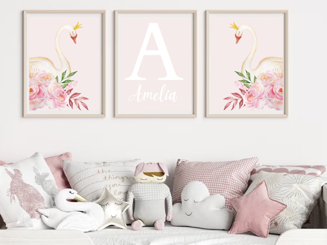 Swan Princess Prints, Set of 3, Blush Floral Swans, Nursery Decor ...