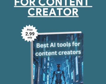 Può includere: Una copertina di libro blu e bianca con il titolo "Best AI tools for content creators". La copertina presenta una scena di città futuristica con un robot in piedi al centro della strada.