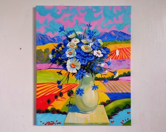 Fleurs de Provence Peinture Original Acrylique Toile Mur Art Grande Peinture Paysage 16 par 20 pouces par DariaRiabininaSpain