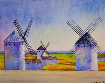 Windmill Art Original Watercolor Painting Spanish Art Small Painting Landscape 6 by 8.5 inches by DariaRiabininaSpain