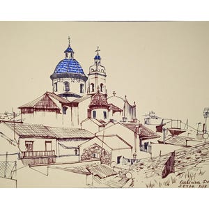 May include: A pen and ink drawing of a cityscape with a church in the center. The church has a blue dome and a tall spire. The surrounding buildings are brown and have red tile roofs. The drawing is signed "Guiliana Dona" in the lower right corner.