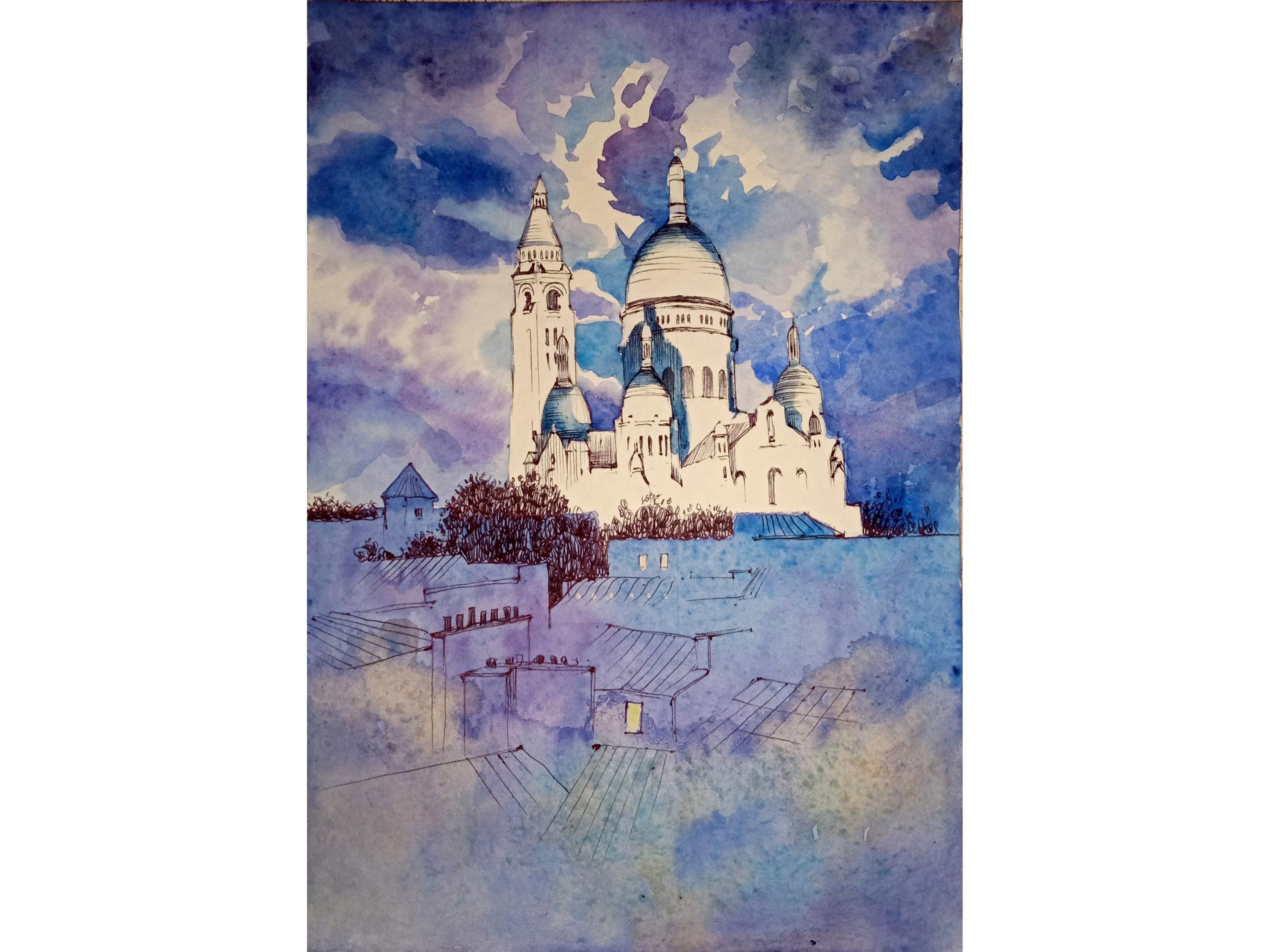 パリ・モンマルトルの水彩画：ペンとインクの風景画（8x11インチ