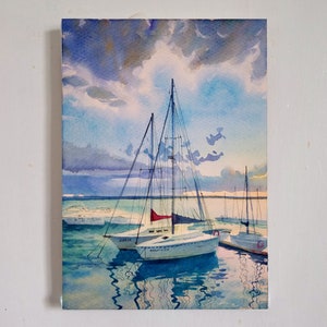 Ocean Painting Nautical Original Acquerello Barca a vela Piccolo dipinto Paesaggio marino Pittura Home Wall Art 8 x 11 pollici di DariaRiabininaSpagna