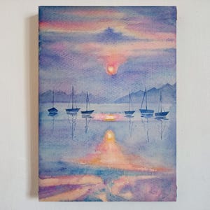 Dipinto originale nautico su tela, barca a vela, piccolo paesaggio marino ad acquerello, opera d'arte, decorazione da parete per la casa, 8 x 11 pollici di DariaRiabininaSpain