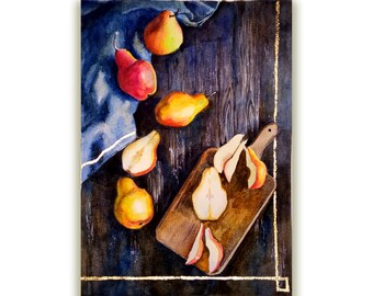 Fruit stilleven schilderij originele aquarel gouden muur kunst aquarel splash Boho muur kunst 8 bij 11 inch door DariaRiabininaSpain