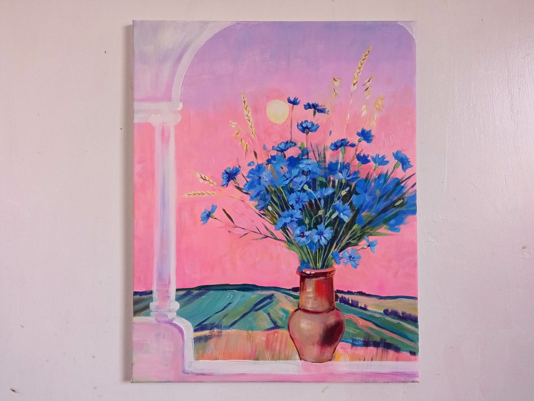 Blue Flowers Painting Original Acrylic Canvas Wall Art Still Etsy