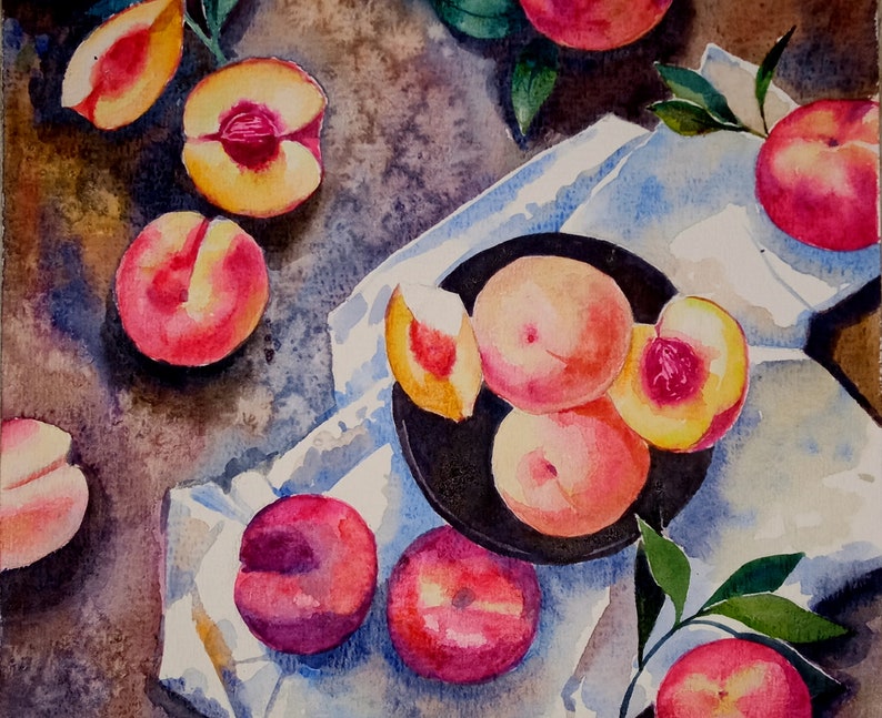 Peach Painting Original Watercolor Still Life Fruit Painting Small Painting 8 by 11.5 inches by DariaRiabininaSpain image 4