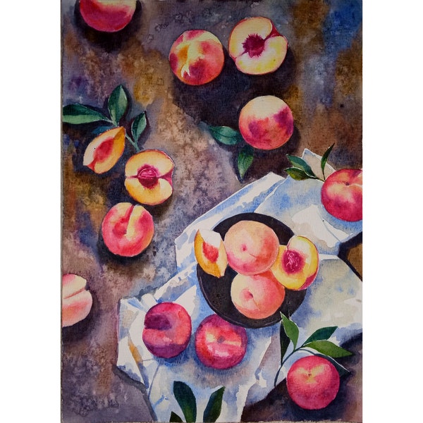 Peinture pêche, aquarelle originale nature morte, peinture de fruits petite peinture 20 x 31,5 pouces par DariaRiabininaSpain