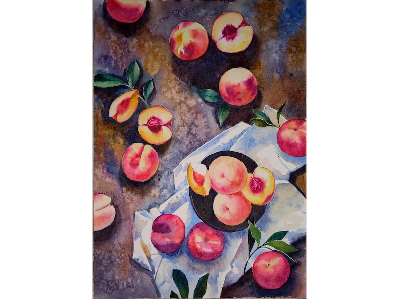 Peach Painting Original Watercolor Still Life Fruit Painting Small Painting 8 by 11.5 inches by DariaRiabininaSpain image 1