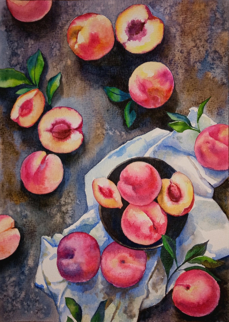 Peach Painting Original Watercolor Still Life Fruit Painting Small Painting 8 by 11.5 inches by DariaRiabininaSpain image 10