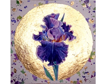 Paarse Iris schilderij originele aquarel bloem schilderij gouden verf roze muur kunst 8 bij 8 inch door DariaRiabininaSpain