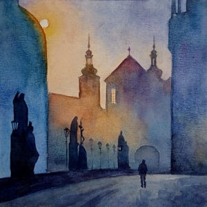 ヴェネツィア イタリア 絵画 オリジナル 水彩画 イタリア ウォールアート 小さな絵画 夕焼け 風景画 8 x 8 インチ DariaRiabininaSpain