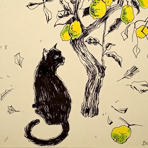 May include: A black cat sits looking up at a lemon tree with yellow and green lemons. The tree is drawn in black ink and the cat is drawn in black ink with a white background.