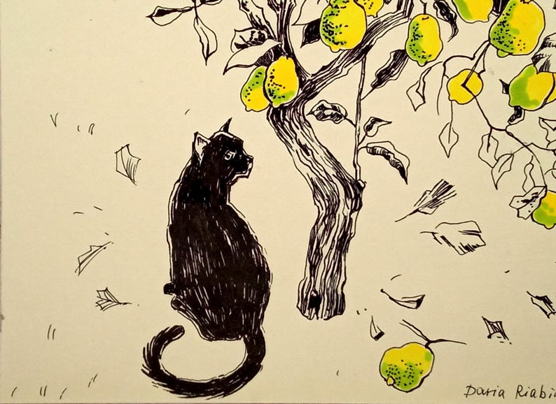 May include: A black cat sits looking up at a lemon tree with yellow and green lemons. The tree is drawn in black ink and the cat is drawn in black ink with a white background.