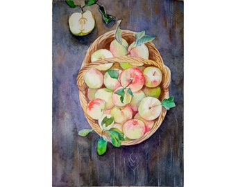 Apfel Stillleben Gemälde Original Aquarell Gemälde Aquarell Obst Gemälde 8 x 11,5 Zoll von DariaRiabininaSpain