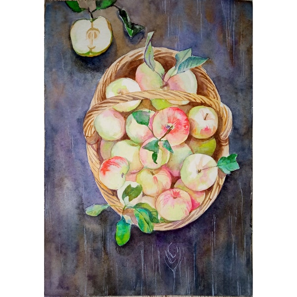Apple Still Life Painting Original Watercolor Painting Watercolor Splash Fruit Painting 8 by 11.5 inches by DariaRiabininaSpain