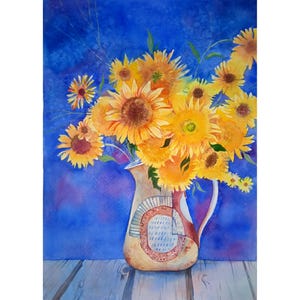 Dipinto originale di girasoli, grande dipinto di fiori ad acquerello, natura morta, arte murale floreale, 12 x 17 pollici di DariaRiabininaSpain