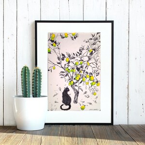 May include: Black and white ink drawing of a cat sitting under a lemon tree with yellow lemons. The drawing is framed in a black frame.