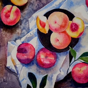 Peach Painting Original Watercolor Still Life Fruit Painting Small Painting 8 by 11.5 inches by DariaRiabininaSpain image 5