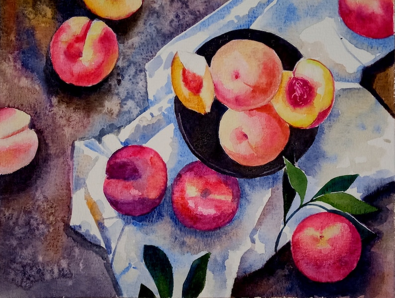 Peach Painting Original Watercolor Still Life Fruit Painting Small Painting 8 by 11.5 inches by DariaRiabininaSpain image 5