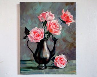 Rose Oil Painting Original Flowers Painting Canvas Wall Art Impasto Painting Small Oil Painting 9,5 by 12 inches by DariaRiabininaSpain